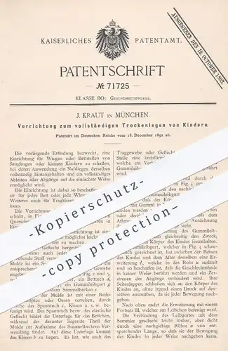 original Patent - J. Kraut in München , 1892 , Einrichtung an Wiege u. Bett zum Trockenlegen von Kindern | Kinderwiege !