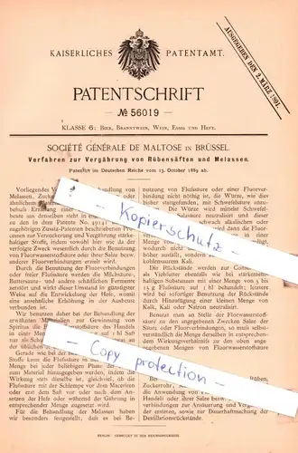 original Patent - Sociètè Gènèrale de Maltose in Brüssel , 1889 , Vergährung von Rübensäften und Melassen !!!