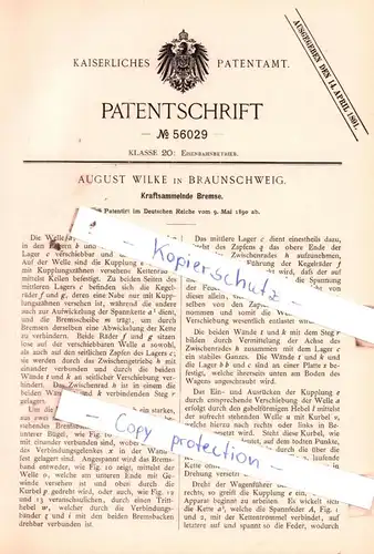 original Patent - August Wilke in Braunschweig , 1890 , Kraftsammelnde Bremse, Eisenbahnbetrieb !!!