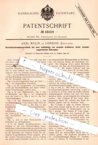 original Patent -  Axel Welin in London , England , 1890 ,  Geschützschraubenverschluß !!!