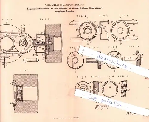 original Patent -  Axel Welin in London , England , 1890 ,  Geschützschraubenverschluß !!!