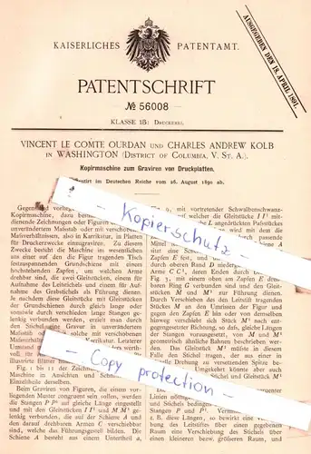 original Patent - Vincent le Comte Ourda und Charles Andrew Kolb in Washington , 1890 , Druckerei !!!