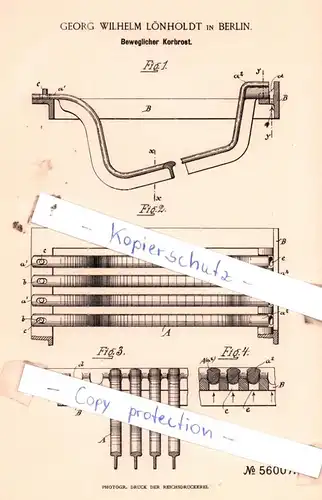 original Patent - Georg Wilhelm Lönholdt in Berlin , 1890 , Beweglicher Korbrost !!!