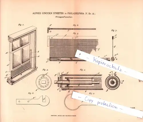 original Patent - Alfred Lincoln Streeter in Philadelphia , V. St. A. , 1891 , Fliegenfenster !!!