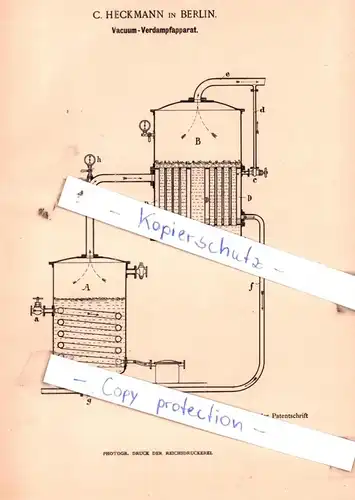 original Patent - C. Heckmann in Berlin , 1891 , Vacuum-Verdampfapparat !!!