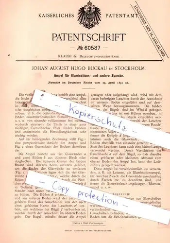 original Patent - Johan August Hugo Buckau in Stockholm , 1891 , Ampel für Illuminations- und andere Zwecke !!!