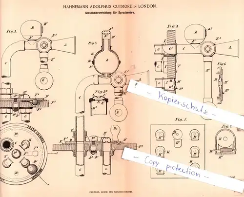 original Patent - Hahnemann Adolphus Cutmore in London , 1891 , Umschaltvorrichtung für Sprachrohre !!!