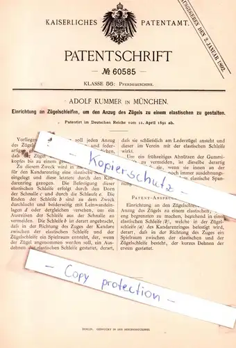 original Patent - Adolf Kummer in München , 1891 , Pferdegeschirr !!!