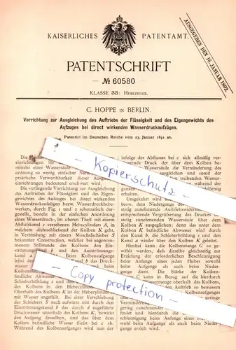original Patent - C. Hoppe in Berlin , 1891 , Hebezeuge !!!
