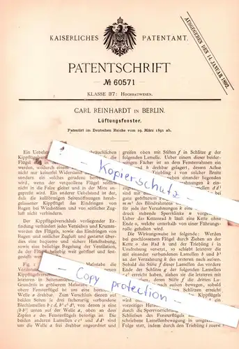 original Patent - Carl Reinhardt in Berlin , 1891 , Lüftungsfenster !!!