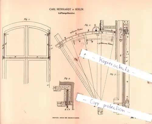 original Patent - Carl Reinhardt in Berlin , 1891 , Lüftungsfenster !!!