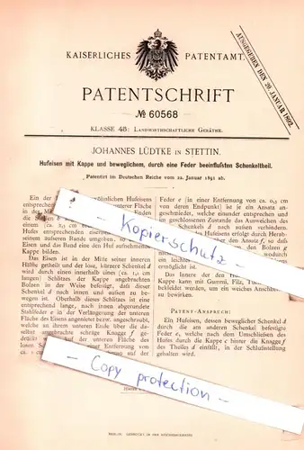 original Patent - Johannes Lüdtke in Stettin , 1891 , Hufeisen mit Kappe !!!