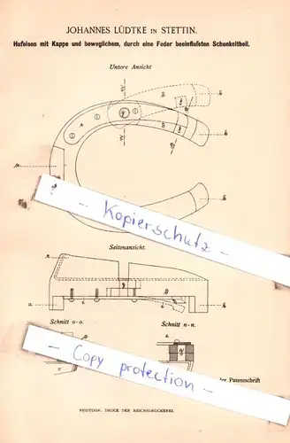 original Patent - Johannes Lüdtke in Stettin , 1891 , Hufeisen mit Kappe !!!