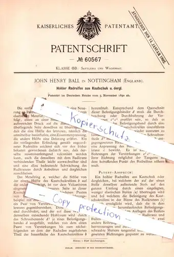 original Patent - John Henry Ball in Nottingham , England , 1890 , Hohler Radreifen aus Kautschuk u. dergl. !!!