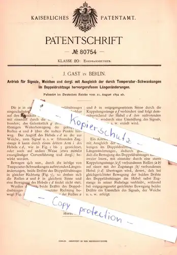 original Patent - J. Gast in Berlin , 1894 , Antrieb für Signale, Weichen und dergl. !!!