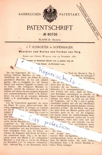 original Patent - J. F. Schroeter in Kopenhagen , 1893 , Maschine zum Kneten und Formen von Teig !!!