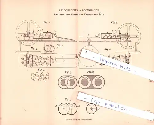 original Patent - J. F. Schroeter in Kopenhagen , 1893 , Maschine zum Kneten und Formen von Teig !!!