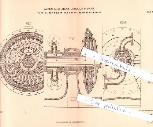 original Patent - Adrien Jules Alexis Dumoulin in Paris , 1884 , Turbine für Dampf und andere treibende Mittel !!!