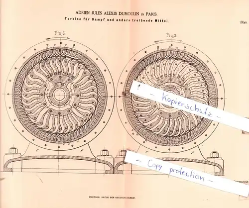 original Patent - Adrien Jules Alexis Dumoulin in Paris , 1884 , Turbine für Dampf und andere treibende Mittel !!!