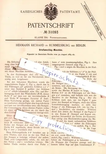 original Patent - Hermann Richard in Rummelsberg bei Berlin , 1884 ,  Briefumschlag-Maschine !!!