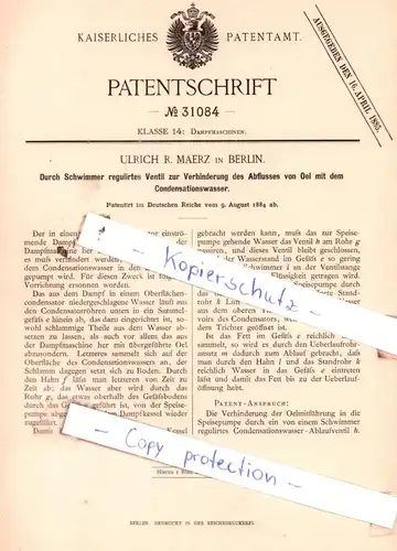 original Patent - Ulrich R. Maerz in Berlin , 1884 , Dampfmaschine !!!