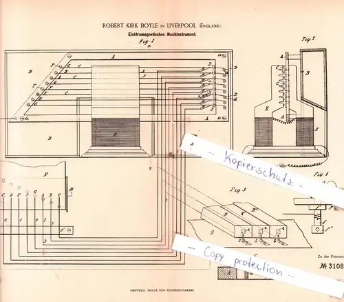 original Patent -  Robert Kirk Boyle in Liverpool , England , 1884 , Elektromagnetisches Musikinstrument !!!