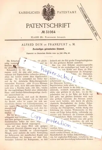 original Patent -  Alfred Dun in Frankfurt a. M. , 1884 , Zweistelliges galvanisches Element !!!