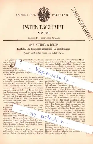 original Patent - Max Müthel in Berlin , 1884 , Elektrische Apparate !!!