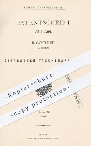original Patent - R. Gottheil , Berlin , 1880 , Taschenapparat für Zigaretten | Rauchen , Zigarren , Zigarette , Tabak !