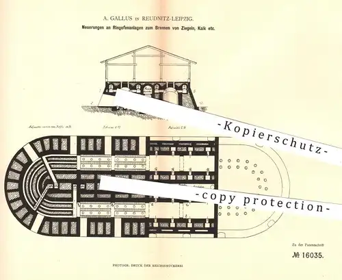 original Patent - A. Gallus , Leipzig / Reudnitz , 1880 , Ringofen zum Brennen von Ziegel , Kalk | Ofen , Ziegelofen !!!