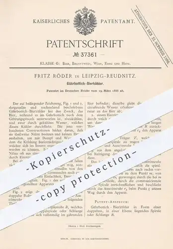 original Patent - Fritz Röder , Leipzig / Reudnitz  1886 , Gährbottich - Bierkühler | Kühler , Brauerei , Bier , Gährung