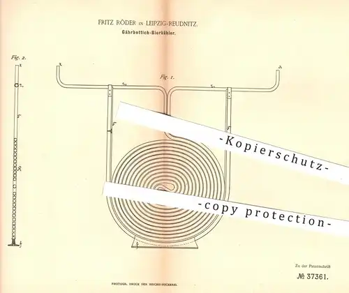 original Patent - Fritz Röder , Leipzig / Reudnitz  1886 , Gährbottich - Bierkühler | Kühler , Brauerei , Bier , Gährung