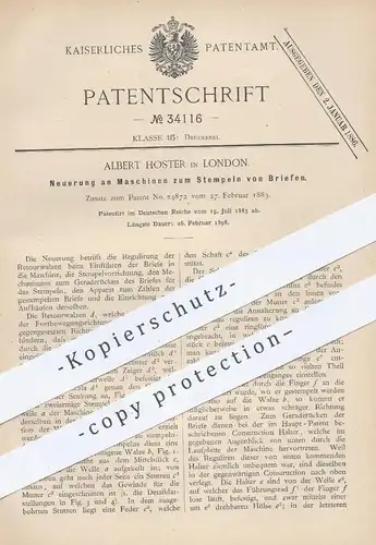 original Patent - Albert Hoster , London , 1885 , Maschinen zum Stempeln der Briefe | Brief , Stempelmaschine , Post !!