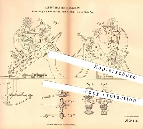 original Patent - Albert Hoster , London , 1885 , Maschinen zum Stempeln der Briefe | Brief , Stempelmaschine , Post !!