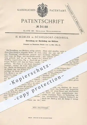 original Patent - H. Mähler , Düsseldorf / Oberbilk , 1885 , Herstellung von Hufeisen | Metall , Huf , Eisen , Schmied !