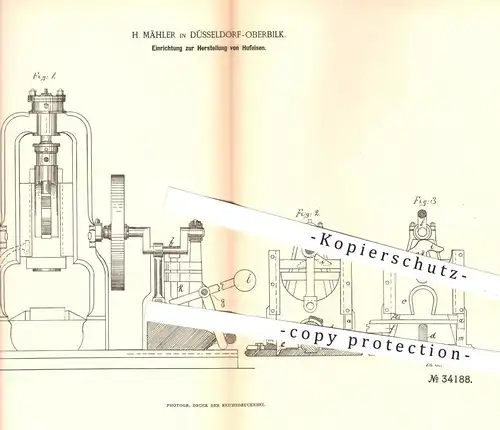 original Patent - H. Mähler , Düsseldorf / Oberbilk , 1885 , Herstellung von Hufeisen | Metall , Huf , Eisen , Schmied !