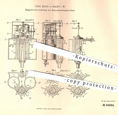 original Patent - Carl Bach , Hagen , 1895 , Regulierung an Apparaten zum Ausschank von Bier | Zapfhahn , Zapfanlage !!