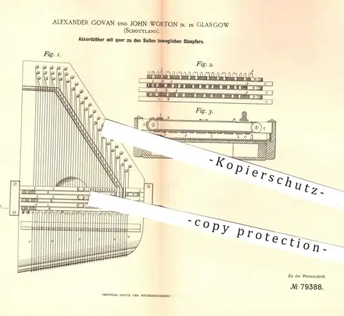 original Patent - Alexander Govan u. John Worton , Glasgow , Schottland , 1894 , Akkordzitter , Zitter | Zittern , Musik