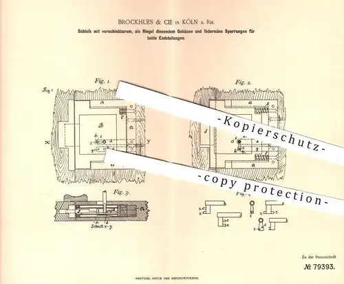 original Patent - Brockhues & Cie , Köln / Rhein , 1894 , Schloss | Türschloss , Schlosser , Schlosserei , Tür , Türen