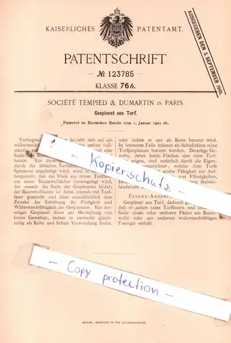 original Patent - Sociètè Tempied & Dumartin in Paris , 1901 , Gespinnst aus Torf !!!