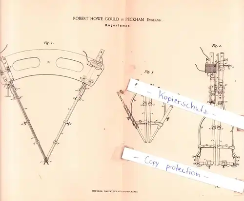original Patent -  Robert Howe Gould in Peckham , England , 1884 , Bogenlampe !!!