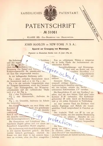 original Patent - John Hanlon in New-York , 1884 , Apparat zur Erzeugung von Wassergas !!!