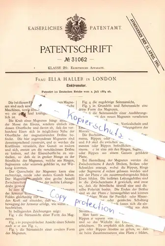 original Patent - Frau Ella Haller in London , 1884 , Elektromotor !!!