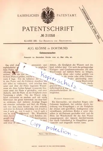 original Patent - Aug. Klönne in Dortmund , 1884 , Colonnenwascher !!!
