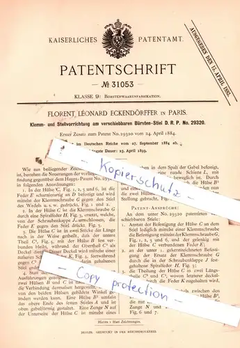 original Patent - Florent Lèonard Eckendörffer in Paris , 1884 , Klemm- und Stellvorrichtung am Bürsten-Stiel !!!