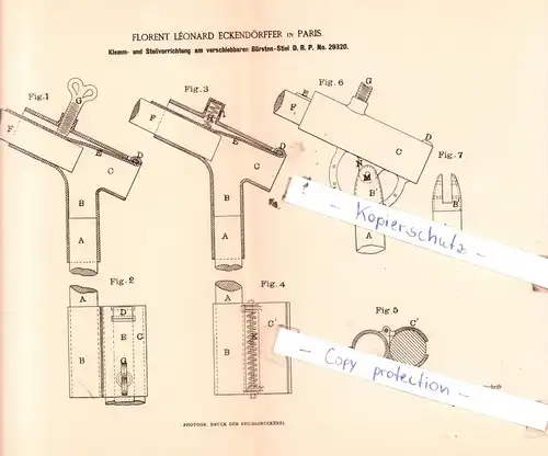 original Patent - Florent Lèonard Eckendörffer in Paris , 1884 , Klemm- und Stellvorrichtung am Bürsten-Stiel !!!