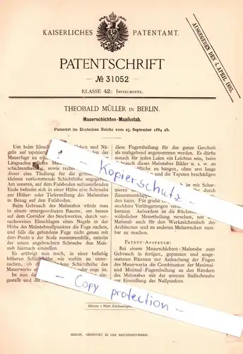 original Patent - Theobald Müller in Berlin , 1884 ,  Mauerschichten-Maaßstab !!!