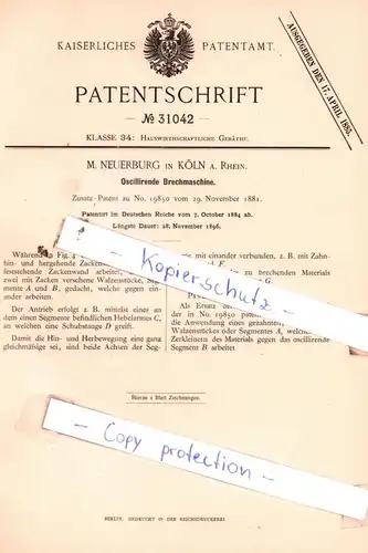 original Patent - M. Neuerburg in Köln a. Rhein , 1884 , Oscillirende Brechmaschine !!!