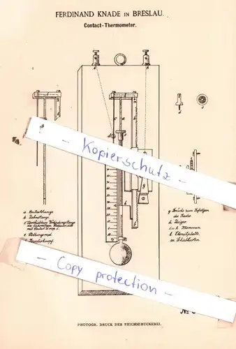 original Patent -  Ferdinand Knade in Breslau , 1884 , Contact-Thermometer !!!