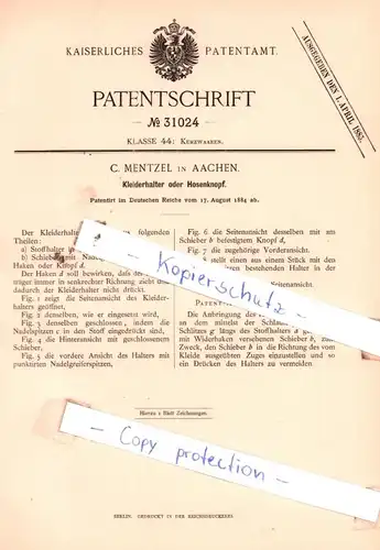 original Patent - C. Mentzel in Aachen , 1884 , Kleiderhalter oder Hosenknopf !!!